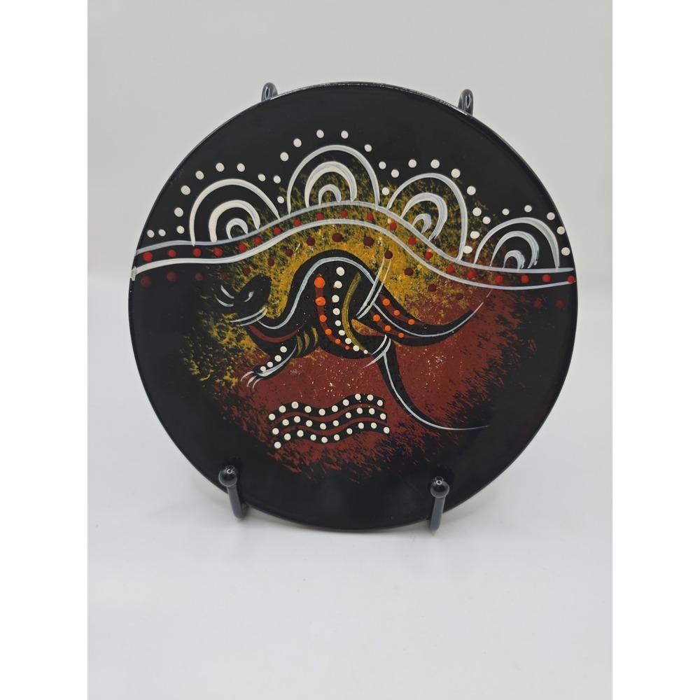 Vtg Hand Painted Australian Aboriginal Dot Art Black Lacquered Kangaroo Plate
